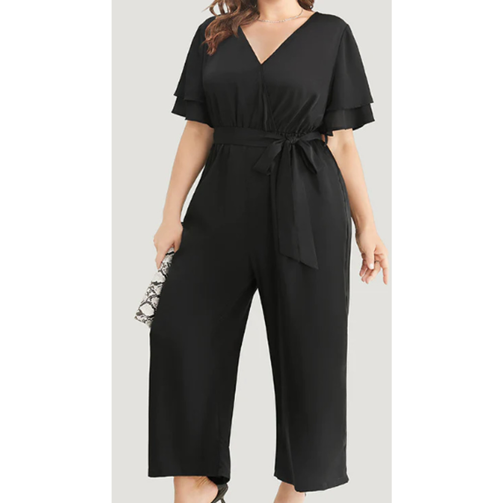BLOOMCHIC sz12 L black faux wrap belted flutter sleeve wide leg jumpsuit NWT B40